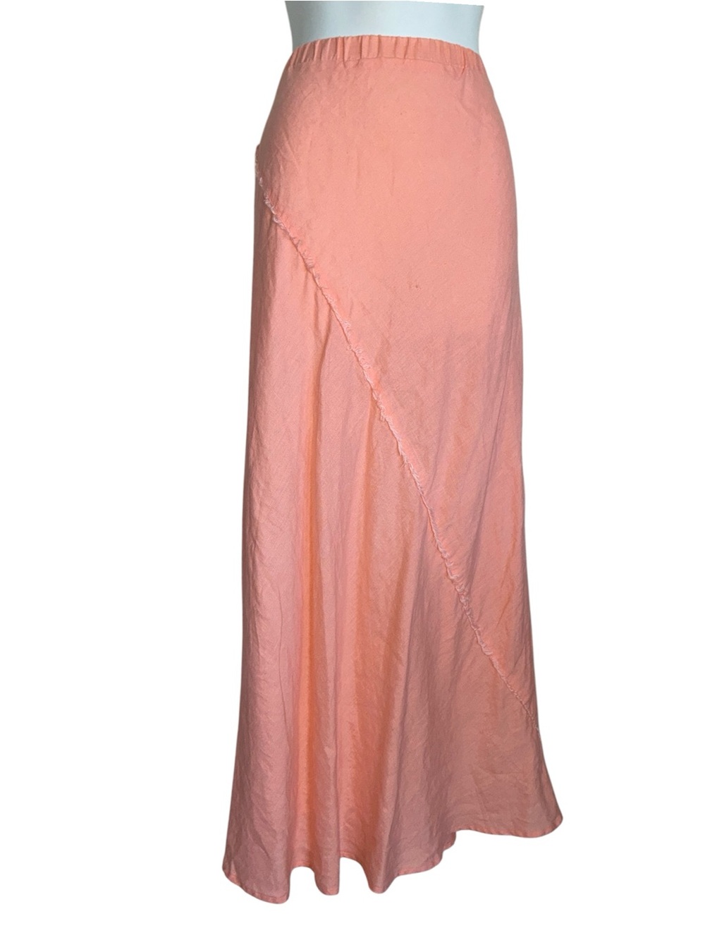 DKNY Pure Linen A-line Skirt Women’s L, Peach, bias-cut, raw diagonal edges. EUC